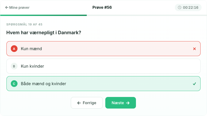 Et forkert svar er rødt, og det rigtige svar er grønt.