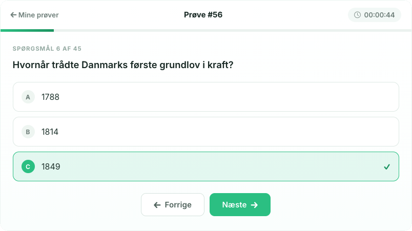 Et spørgsmål fra en prøve. Det rigtige svar er grønt, og der er en kort forklaring.