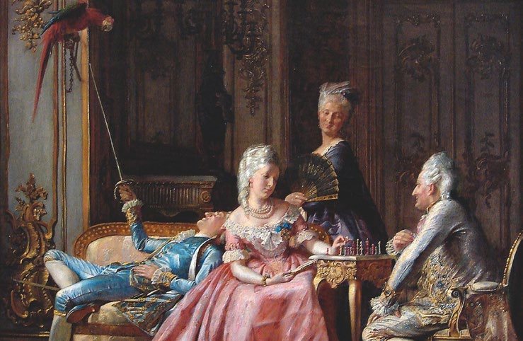 Liggende på sofaen kong Christian 7. Ved bordet dronning Caroline Mathilde samt kongens