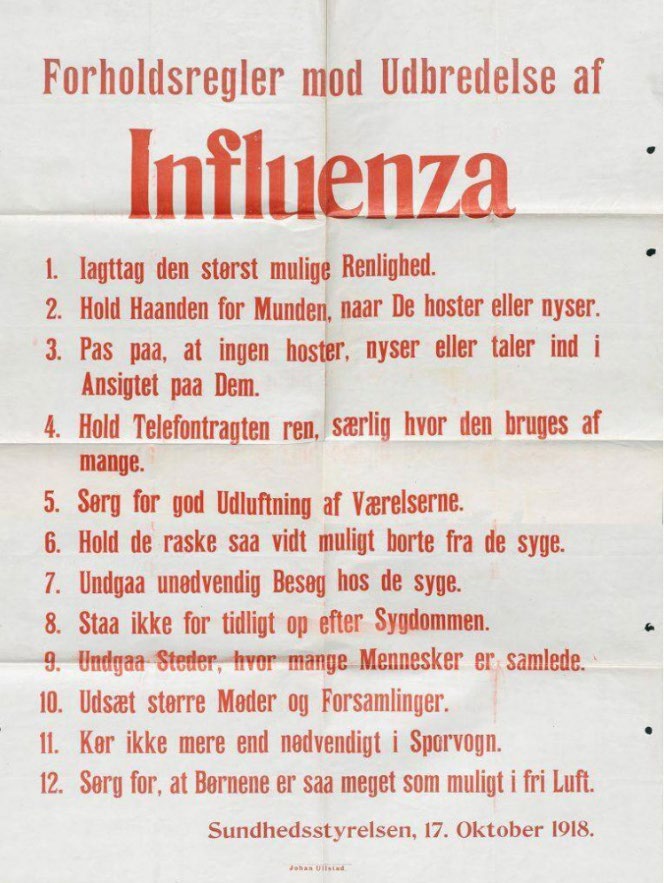 Opfordringer fra Sundhedsstyrelsen mod udbredelsen af ’Den Spanske Syge’ i 1918.