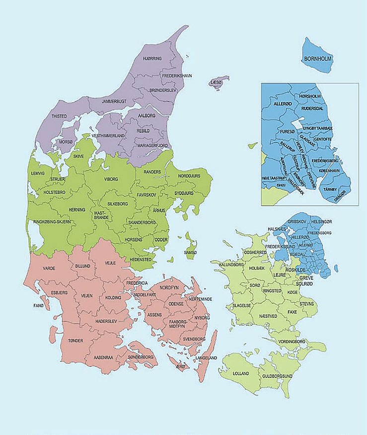 Kort over Danmarks kommuner og regioner.