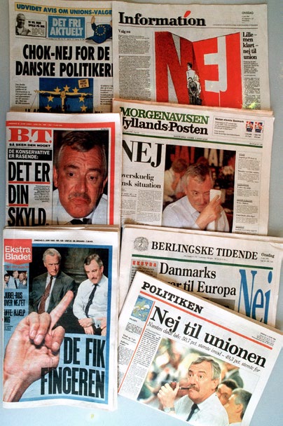 Aviser dagen efter, at et flertal af danskerne stemte nej til Maastricht-traktaten i 1992. Foto: Ritzau Scanpix.